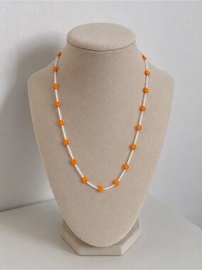 Orange White Beaded Flower Necklace Handmade Floral Jewelry Unique Gift